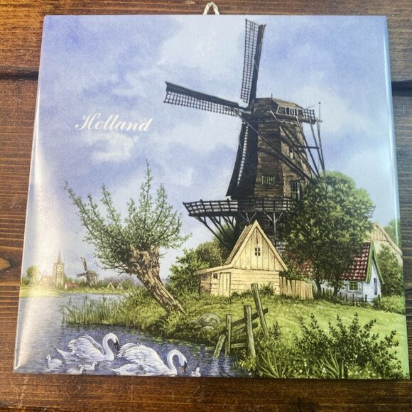Hand Painted Vintage Ter Steege BV Holland 6" Wall Tile w/ Dutch Windmill - Picture 4 of 7